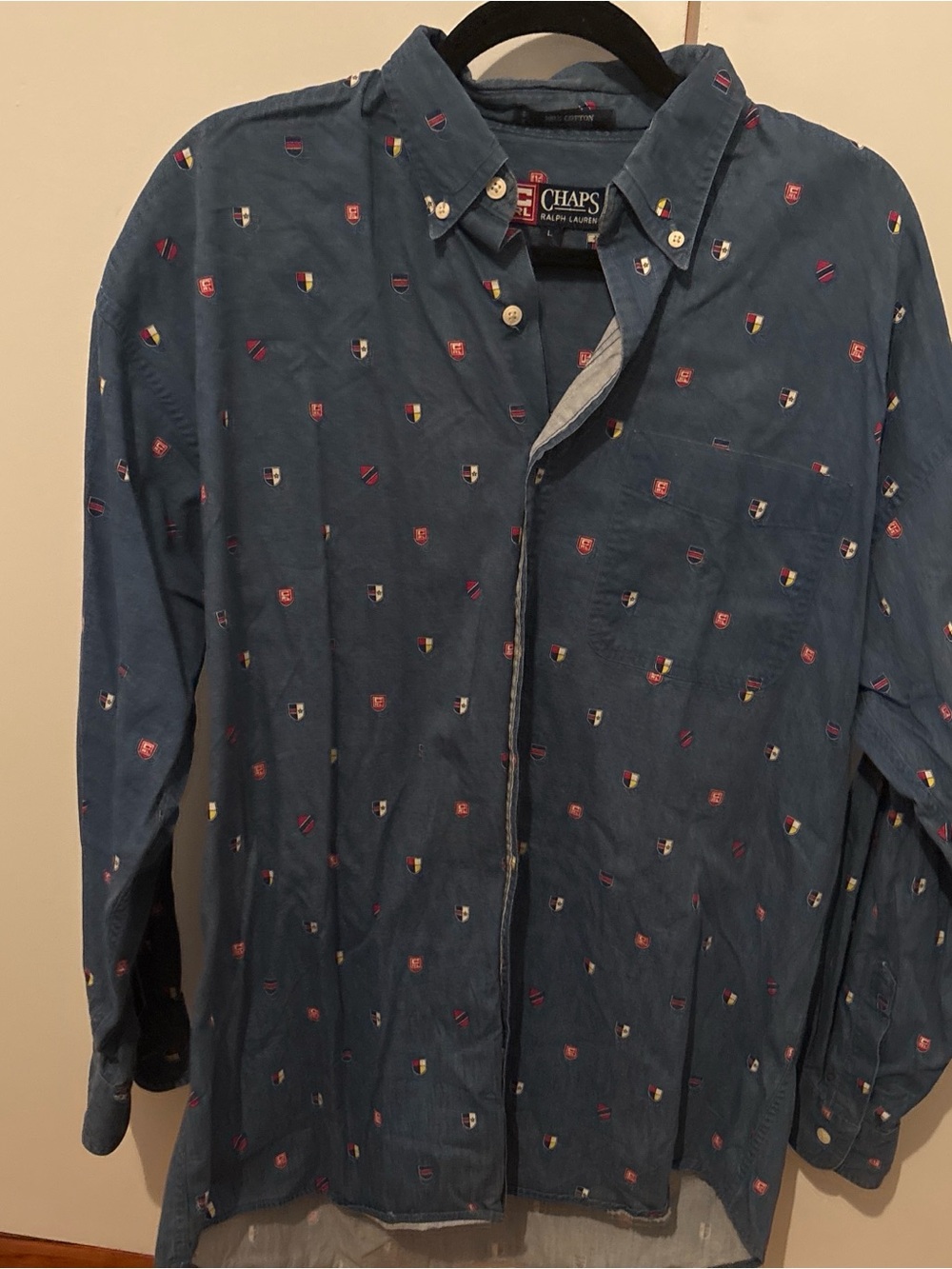 Ralph Lauren Chaps Denim-Blue Button Shirt with Crest Patches